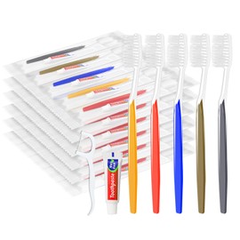HAIFOTRVA Disposable Toothbrushes with Toothpaste and Floss,50 Pack Brown 3-in-1 Individually Wrapped Bulk Disposable Travel Toothbrushes and Dental Floss Kit for Homeless,Airbnb,Dentist,Guests