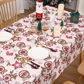 Hapterouse Christmas Tablecloth Rectangle Xmas Table Cover Waterproof Polyester Tablecloth White Printed Pattern Xmas Table Cover for Thanksgiving Christmas Party,54x70''