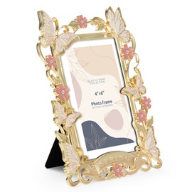 FIHOO 4x6 inch Picture Frame Butterfly Design Spring Style Metal Photo Frame with High Definition Glass Antique Display Holder for Tabletop (White Butterfly)