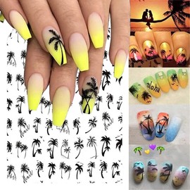 Summer Nail Stickers, 4PCS Palm Tree Nail Decals 3D Self-Adhesive Black Tropical Nail Art Stickers Summer Beach Nail Design for Women Girls