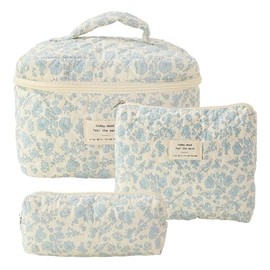 3st Kosmetiktasche Damen Reise Kulturbeutel Set, kulturbeutel Damen, Kulturtasche, Make up Bag Groß Kapazität Blumen Schminktasche Cosmetic Bag (Blaue Blume)