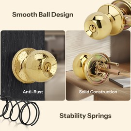 LOQRON Keyed-NOT-Alike Ball Design Door Knob with Keys and Lock, 5 Pack Wholesale Keyed Entry Round Shaped Doorknob for Front/Entrance Doors, Polished Brass Finish