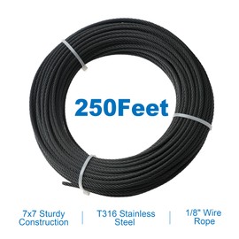 250 Feet 1/8" Black T316 Stainless Steel Cable Wire Rope Aircraft Cable Railing System Deck Cable Railing Hardware 7x7 Strand Indoor Outdoor DIY Balustrade String