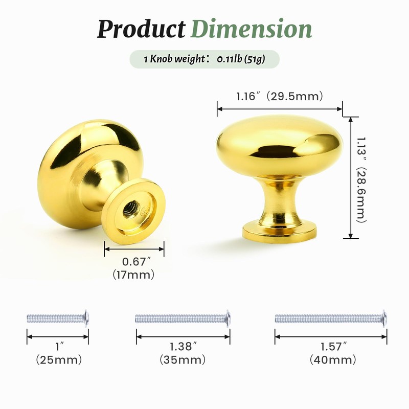 Knobonly 10 Pack Cabinet Knobs, Gold Knobs for Drawers, Solid