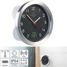 St. Leonhard Bathroom Clock: Bathroom Wall Clock with LCD Thermometer, Aluminium Frame, IPX4, Grey (Wall Clock Waterproof, Wall Clock Suction Cup, Kitchen Clock)