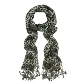 Elegant Leopard Animal Print Scarf with Fringe, Gray/Brown