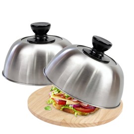Occupaternm Set of 2 Burger Bell, 16 × 7 cm, Stainless Steel Burger Bell with Viewing Window, Burger Covers Melting Bell, with 20 Oil-Absorbing Paper, for Grill Cheeseburger Steak (Silver)
