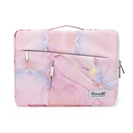 canvaslife 360° protected waterproof laptop sleeve suitcase bag with 3 pockets, laptop bag with handling and luggage strap (Pink marble, 12.5 inch-13.5 inch)