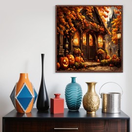 Fall Pumpkin House Leaf Diamond Painting Kits for Adults, 5D Diamond Art Kits for Adults Beginners, DIY Full Round Drill Diamond Dot Painting Gem Art Kits for Adult, Home Wall Decor 13.8x13.8 Inch