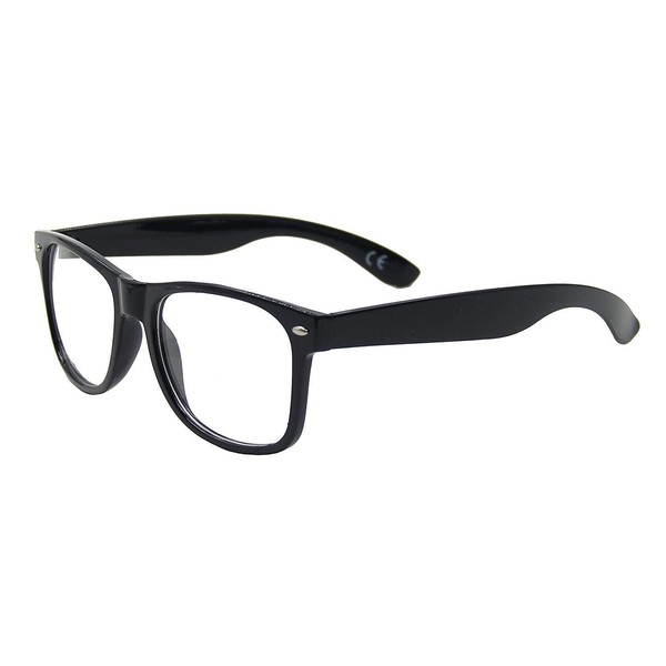 Clear Lens Geek Retro Unisex Glasses, Gloss Black Frame, Full