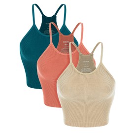 ODODOS Women's Crop Camisole 3-Pack Washed Seamless Rib-Knit Crop Tank Tops, Long Crop, Beige Coral Teal, X-Large/XX-Large