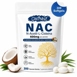 Gwynne NAC N-Acetil-L-Cisteína 600 mg 300 Cápsulas,con dinucleótido de adenina y nicotinamida, propiedades antioxidantes,favorece las defensas