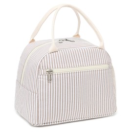 LEDAOU Insulated Lunch Box Women Reusable Lunch Bag Cord Lunch Tote Handbags Leakproof Thermal Cooler Lunch Case Large Capacity (Khaki Stripes)