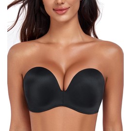 HACI Push Up Strapless Bra for Women Anti-Slip Padded Wireless Invisible(Pure Black,36D)