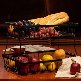 HOSY 2 Tier Steel Basket, Standing Storage Rack Ideas for Fruits, Vegetables, Bread, etc. (17-inch)