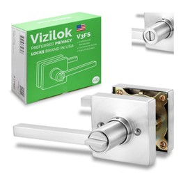 VIZILOK Square Privacy Door Lock, Satin Chrome Finish, V3FS Reversible Lever for Left/Right Door Application, Durable ANSI GRADE2 comp, Ideal for Bedrooms, Bathrooms, and Offices