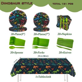 Dinosaur Birthday Party Decorations Supplies Dinosaur Disposable Tableware Set with Plates, Napkins,Tablecloth and Cutlery Sets for Dinosaur Themes Party Decorations,Serves 20