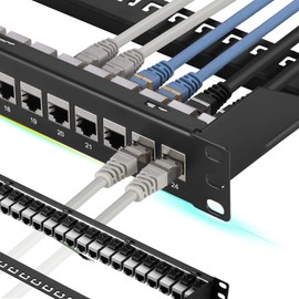 Rapink Patch Panel 24 Port Cat7 with Inline Keystone 10G Support, Coupler Patch Panel STP Shielded 19-Inch with Removable Back Bar, 1U Network Patch Panel for Cat7, Cat6, Cat6A, Cat5e,