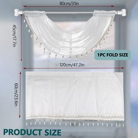 Graceful White Sheer Valances for Windows, Semi Swag Curtains with Hanging Crystal Beads for Bedroom Small Window, 47 x 23 Window Curtain for Cafe Home Living Room (White)