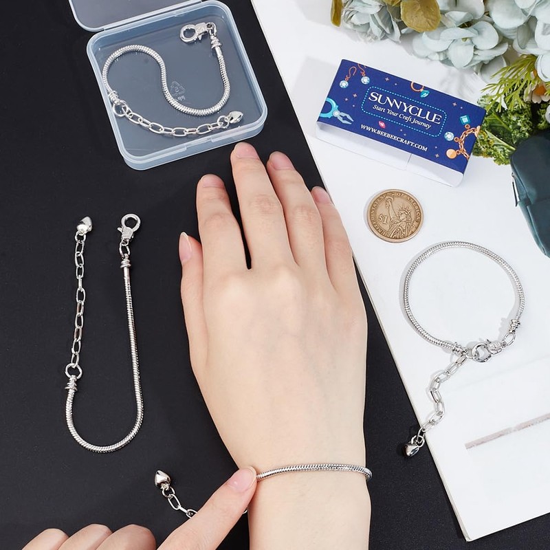 SUNNYCLUE 1 Box 6Pcs Snake Bracelets Chains Silver Brass Charms