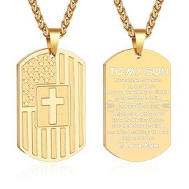 Zocomi To My Son Gifts from Mom Mother Dog Tag Cross Necklace America Flag Pendant Chain Jewelry Valentine’s Day Birthday Graduation Christmas Gifts for Boys Ages Gold