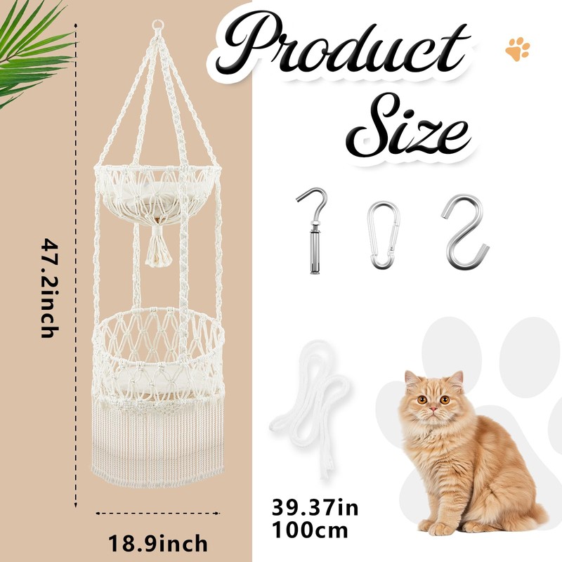 DoubleFill Double Deck Macrame Cat Hammock with Cushion Boho Hanging