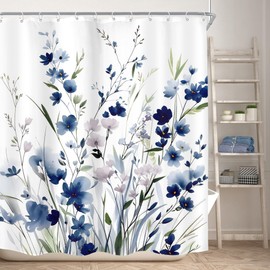 KOMLLEX Navy Floral Shower Curtain for Bathroom Decor 60Wx72H Inches Watercolor Ombre Blue and Purple Flower Botanical Plant Aesthetic for Girly Green Leaves Fabric Waterproof Polyester 12 Pack Hooks