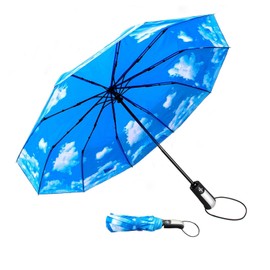 TradMall Travel Umbrella Windproof with 46 Inches Large Canopy 10 Reinforced Fiberglass Ribs Ergonomic Handle Auto Open & Close, Sky Clouds