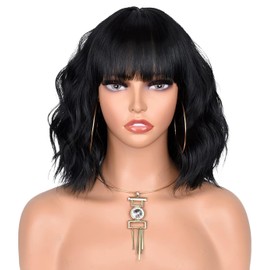 CoCrowns Short Wavy Wig with Air Bangs Shoulder Length Women's Short Bob Curly Wavy Black Synthetic Wig Soft Hair (Black)