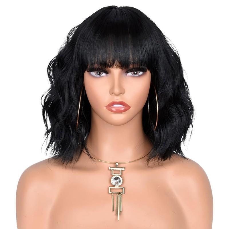 CoCrowns Short Wavy Wig with Air Bangs Shoulder Length Women's