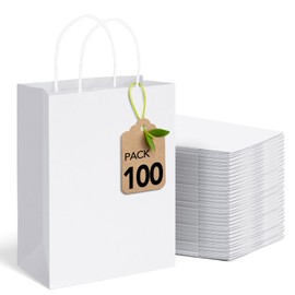 MESHA 100 Pack White Gift Bags 8x4.25x10.5 Inch Kraft Paper Bags with Handles Bulk Craft Bags Medium Size for Wending Birthday Party Favor Retail Merchandise Bags