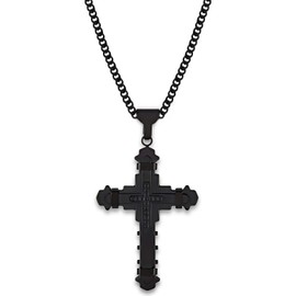 Savlano Stainless Steel Black Cubic Zirconia Cross Pendant 24 inch Cuban Chain Necklace for Men