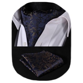 HISDERN Men's Tie Scarf Floral Paisley Ascot Tie Wedding Business Neckerchief and Pocket Square Set, Navy/Brown