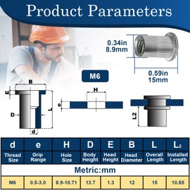 Vifmy 80Pcs M6 Rivet Nuts, 304 Stainless Steel Flat Head Rivnut Threaded Insert Nutsert