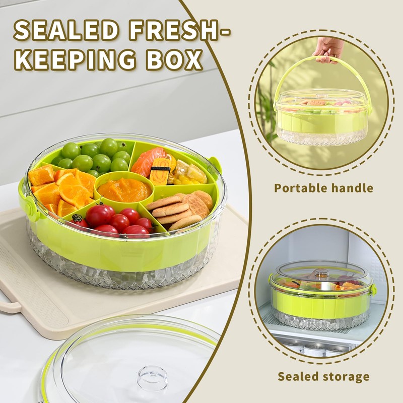 Fruit Ice Divided Serving Tray with Lid and handle,Chilled Veggie