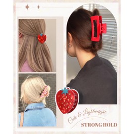 ACECHA 3 Pack Fruit Hair Claw Clips for Women, Non-slip Acrylic Cherry Strawberry Lemon Hairclips Cute Hair Claws for Styling for Spring Summer Party (Strawberry)