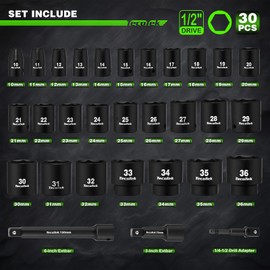 TecoTek 30 Pieces 1/2-Inch Drive Shallow Metric Impact Socket Set, Cr-Mo, 10mm to 36mm, No Skipped Sizes, 6 Point, Includes Extension Bars, Drill Socket Adapter 1/2"