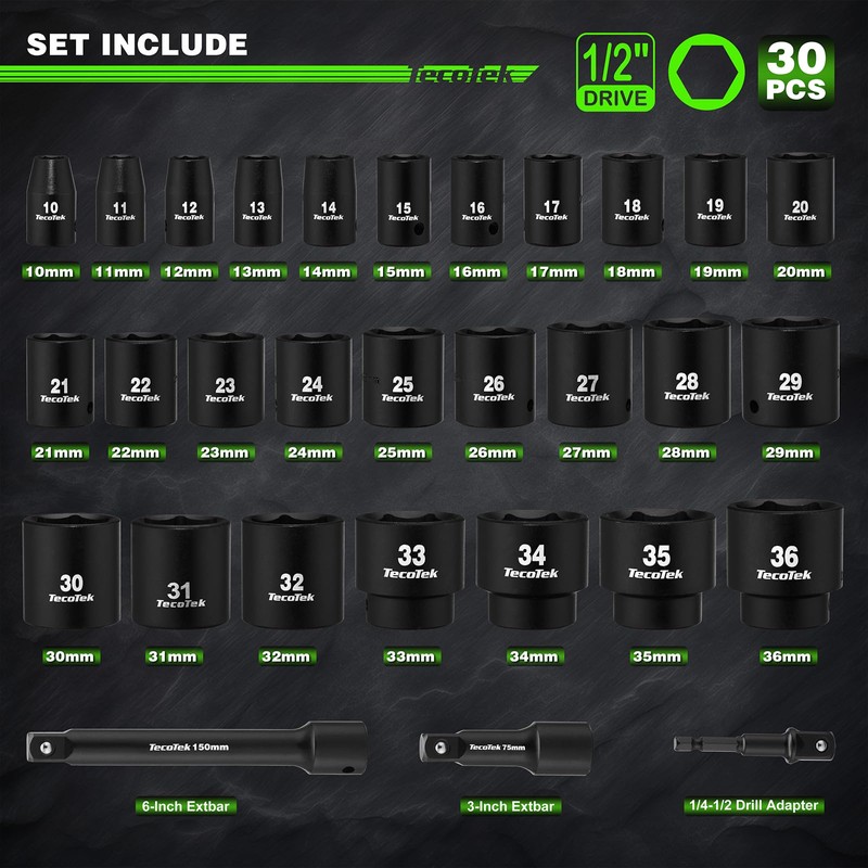 TecoTek 30 Pieces 1/2-Inch Drive Shallow Metric Impact Socket Set,