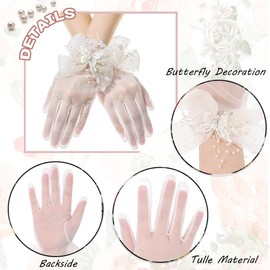 Urieo Wedding Bow Tulle Gloves White Butterfly Sheer Gloves Short Pearl Bridal Opera Costume Evening Costume Formal Mesh Glove for Women