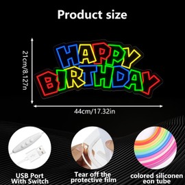 Happy Birthday Neon Sign, Bright LED Neon Light for Party Decorations, USB Powered & Dimmable, Happy Birthday Banner, Backdrop Wall Decor, Birthday Yard Sign, Birthday Gift for Kids, 17.3*8.3 Inches