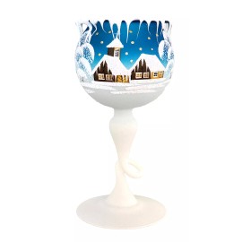 Handmade Czech Teal Glass Goblet Candle Holder, Handmade Winter Scene Design Large 8” NOS