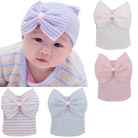DRESHOW 4 Pcs Newborn Hospital Hat Infant Baby Hat Cap with Big Bow Soft Cute Knot Nursery Beanie
