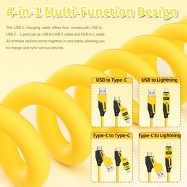 4-in-1 Spring Fast Charging Cable 4-Foot 65-watt Winding car USB Data Cable for smart Phones, laptops, etc. Wound Silicone Design, Apple and Type-c Interface. (Yellow)