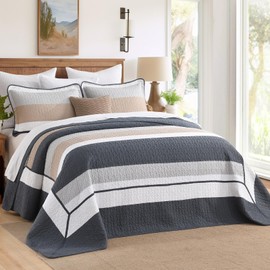 FineStichery 100% Cotton Oversized Quilt Bedspread Coverlet, King Bedspreads 128"x120" with Pillow Shams, Lightweight Striped Quilted Bedding Set, All Seasons, Navy Blue/Gray/Brown/White
