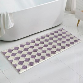 Purple Long Bathroom Runner Rug Cute Checkered Bath Mat for Bathroom Soft Super Absorbent Non Slip TPR Backing, Quick Drying, Machine Washable Bath Mats for Floor, Shower Sink,47" x 20"