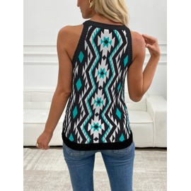 MARZXIN Women Sleeveless Sweater Tank Round Neck Casual Aztec Geometric Knit Sweater Top Laurel Black M