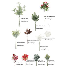 Koroni Flowers Christmas Artificial Greenery Stems Box Set,51pcs with 11 Kinds of Faux Greenery Picks for DIY Christmas Decorations Floral Arrangement Table Centerpieces and Wedding Bouquet Filler