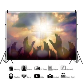 OERJU 9x6ft Jesus Holy Light Cross Photography Backdrop Blue Sky White Clouds Hand of God Holy Light Beam Background Jesus Christian Church Activities Decor Banner Portraits Photo Studio Props