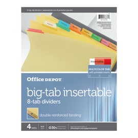 Office Depot Insertable Dividers with Big Tabs, Buff, Assorted Colors, 8-Tab, Pack of 4 Sets, 14778
