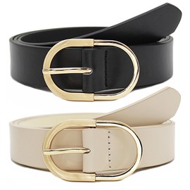 Longwu 2 Pack Women's Leather Belts for Jeans Pants, Fashion Ladies Leather Belts with Gold Buckle Black+Apricot-105cm